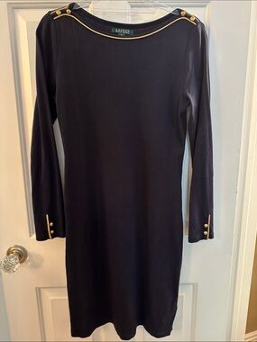 Lauren Ralph Lauren Navy Long-Sleeve Shift Dress with Gold Crest Buttons